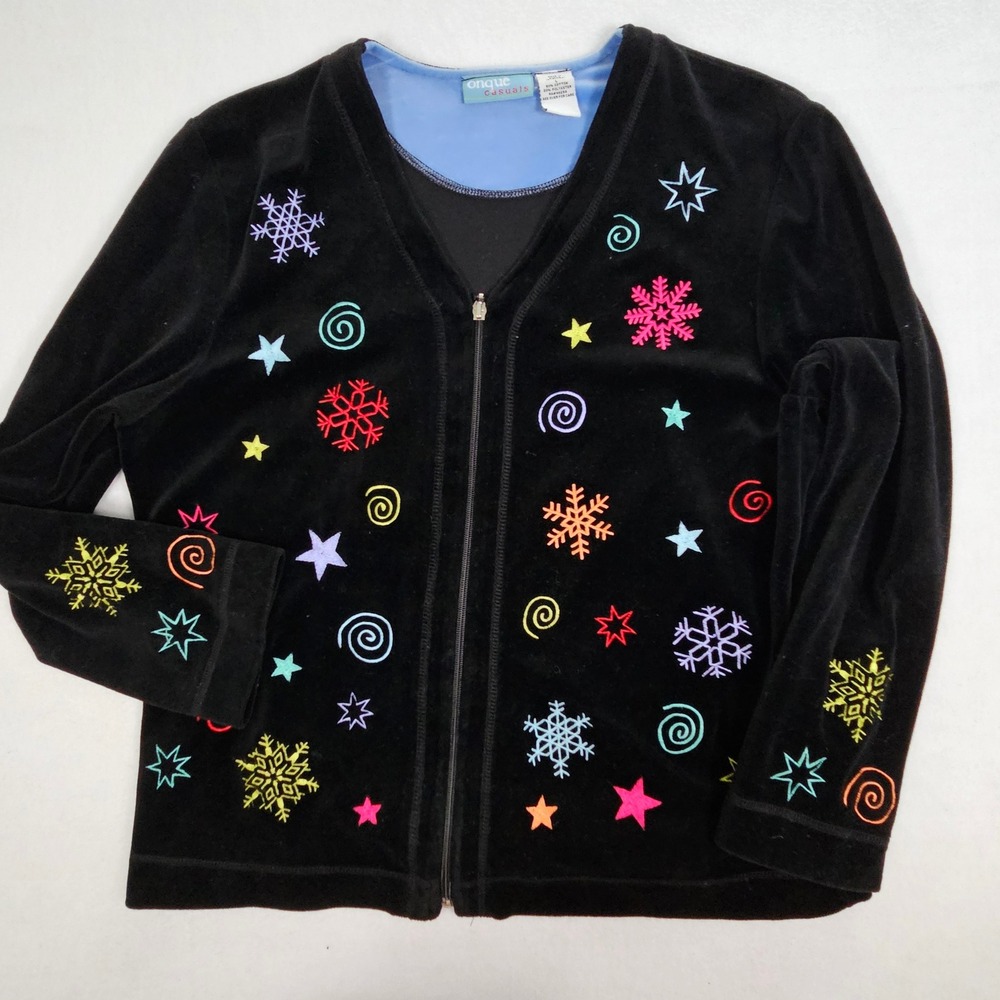 Onque Casuals Velour Zip Up Jacket Large Black Embroidered Snowflake Star Swirl